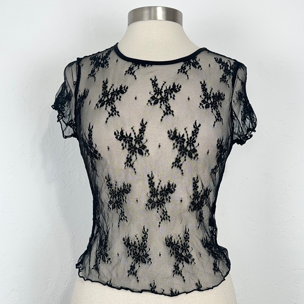 Womens Fairy Grunge Goth Layering Lace Top Sz Small Black Floral Sheer Feminine